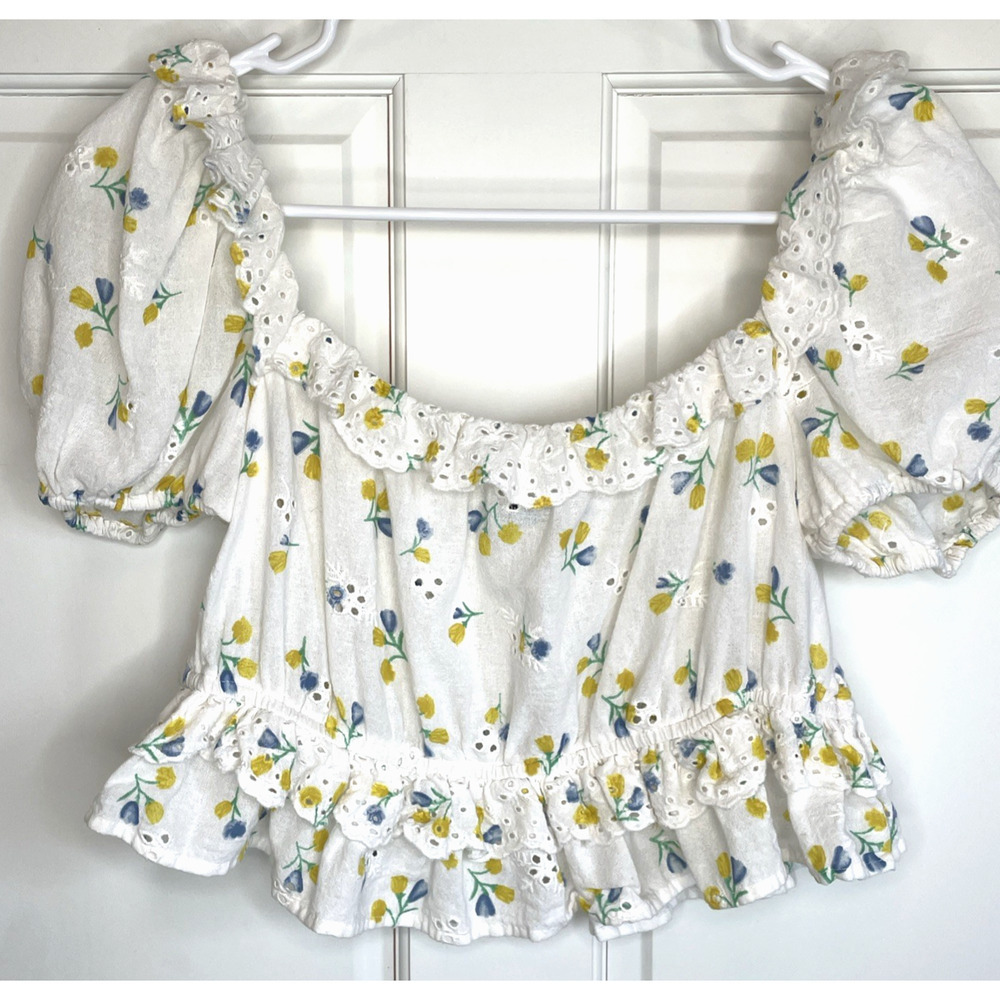 Zara Women's Eyelet Crop Top Sz M Ruffle Smocking Cottage Prairie Boho Fairy